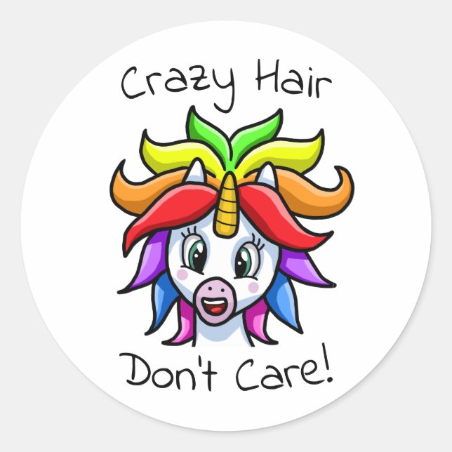 Pegatina Redonda El pelo loco de Unicornio no se preocupa (Anverso)
