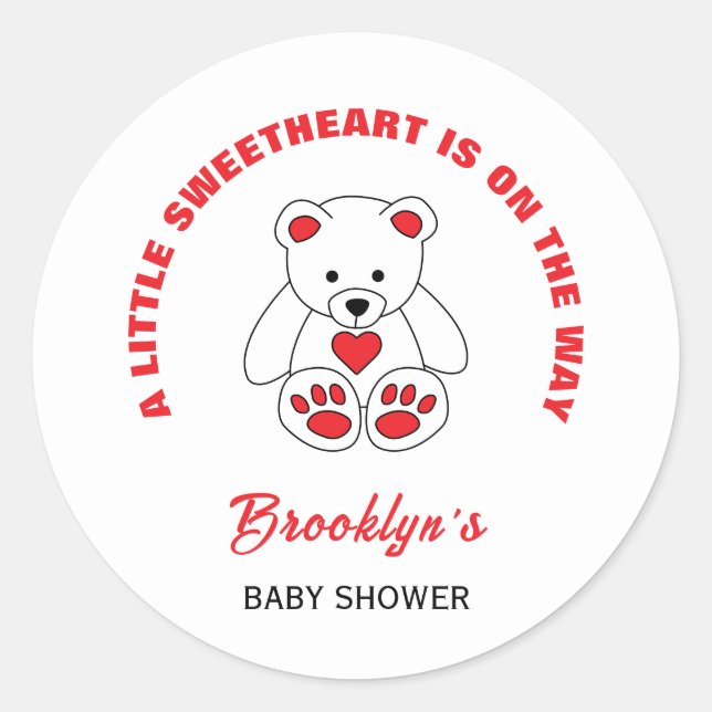 Pegatina Redonda El pequeño amor Baby Shower rojo blanco Teddy Bear (Anverso)