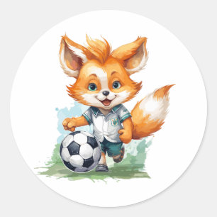 Pegatina Redonda El pequeño zorro de la cola juega al fútbol