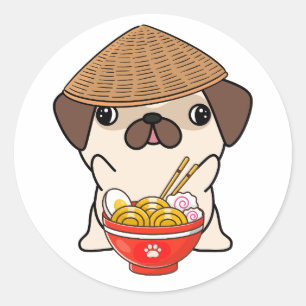 Pegatina Redonda El perro de cerdo gracioso come fideos