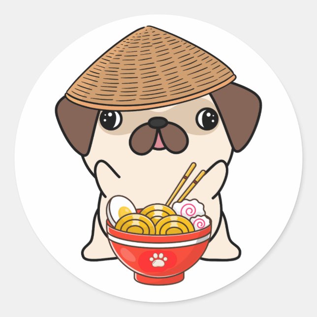 Pegatina Redonda El perro de cerdo gracioso come fideos (Anverso)