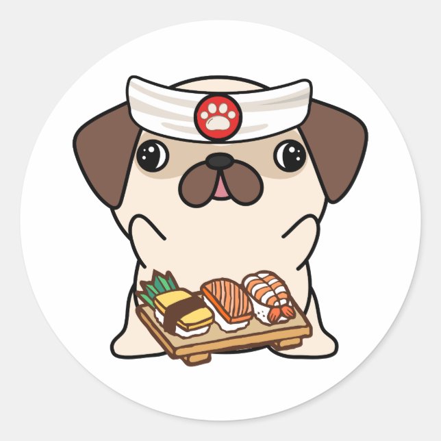 Pegatina Redonda El perro de cerdo gracioso es un chef de sushi (Anverso)