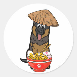 Pegatina Redonda El perro guardián gracioso come fideos