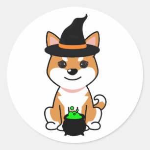 Pegatina Redonda El perro naranja gracioso es una bruja.