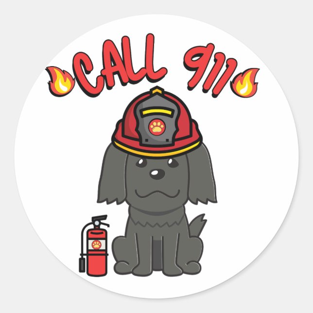 Pegatina Redonda El perro negro gracioso es un bombero (Anverso)