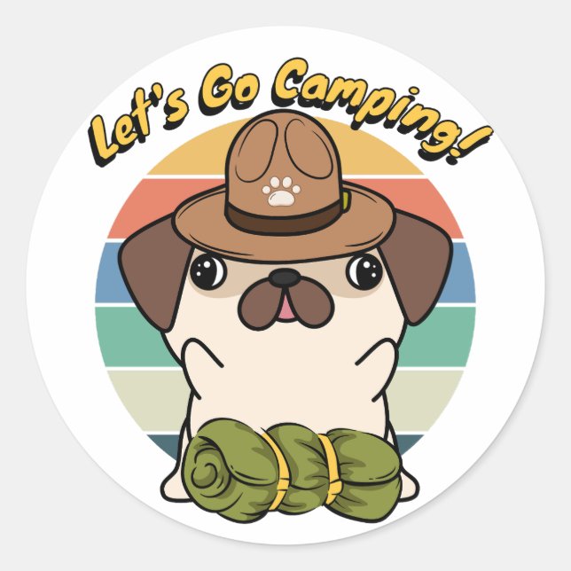Pegatina Redonda El perro Pug gracioso quiere ir de campamento (Anverso)