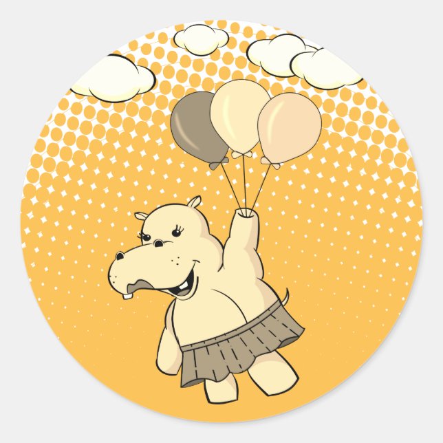 Pegatina Redonda El Personalizado Cute Hippo Volando Con Globos (Anverso)