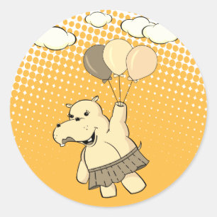 Pegatina Redonda El Personalizado Cute Hippo Volando Con Globos