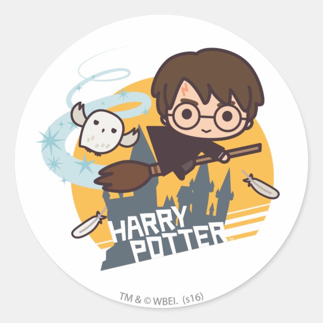 Pegatina Redonda El personalizado Harry y Hedwig Flying Past Hogwar (Anverso)