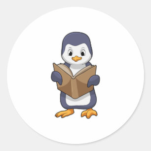 Pegatina Redonda El pingüino está nervioso con el libro