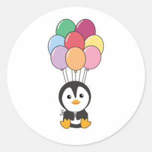Pegatina Redonda El Pingüino Viene Con Globos Coloridos