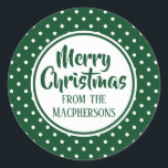 Pegatina Redonda El Polka Verde Dots Christmas Stickers<br><div class="desc">Etiquetas de regalo de vacaciones pegatinas con fondo de punto de polka verde. El saludo de "Feliz Navidad" y de quién es puede ser cambiado.</div>
