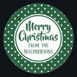 Pegatina Redonda El Polka Verde Dots Christmas Stickers<br><div class="desc">Etiquetas de regalo de vacaciones pegatinas con fondo de punto de polka verde. El saludo de "Feliz Navidad" y de quién es puede ser cambiado.</div>