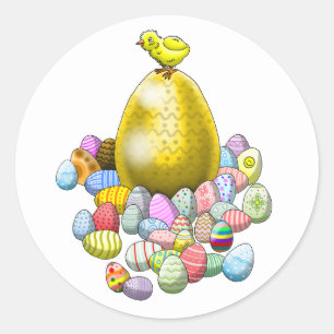 Pegatina Redonda El pollito de Pascua y el huevo de Pascua dorado
