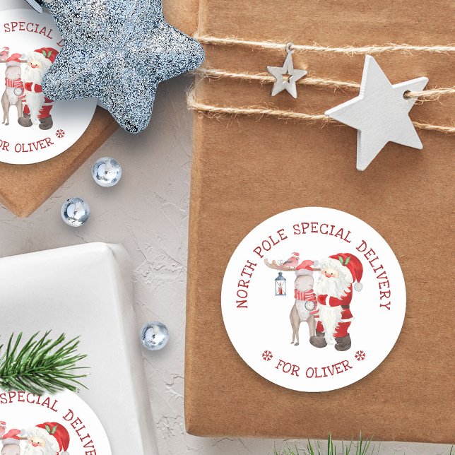 Pegatina Redonda El Polo Norte entrega especial Santa y reno (North Pole Special Delivery santa sticker - personalized with child's name)
