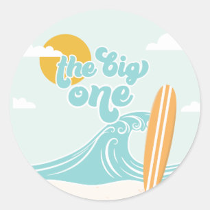 Pegatina Redonda El primer cumpleaños de la playa Big One Surf Beac