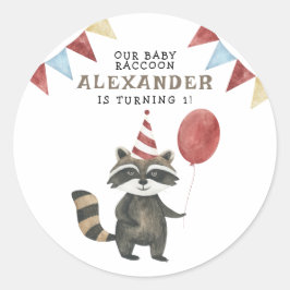 Pegatina Redonda El primer cumpleaños de nuestro bebé mapache 