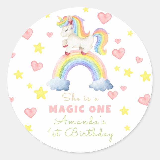 Pegatina Redonda El primer cumpleaños del Unicorn Rainbow Magic (Anverso)