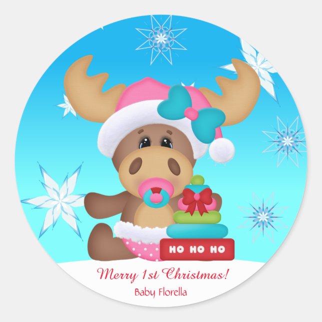 Pegatina Redonda El primer Navidad del bebé Moose Cute Funny (Anverso)