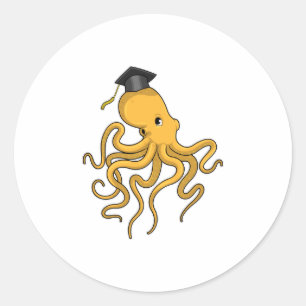 Pegatina Redonda El pulpo como estudiante con diploma