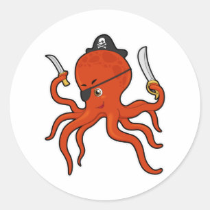 Pegatina Redonda El pulpo como pirata con espada y cuchillo