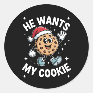 Pegatina Redonda Él Quiere Mi Gorro De Santa De Navidad Galleta Pos