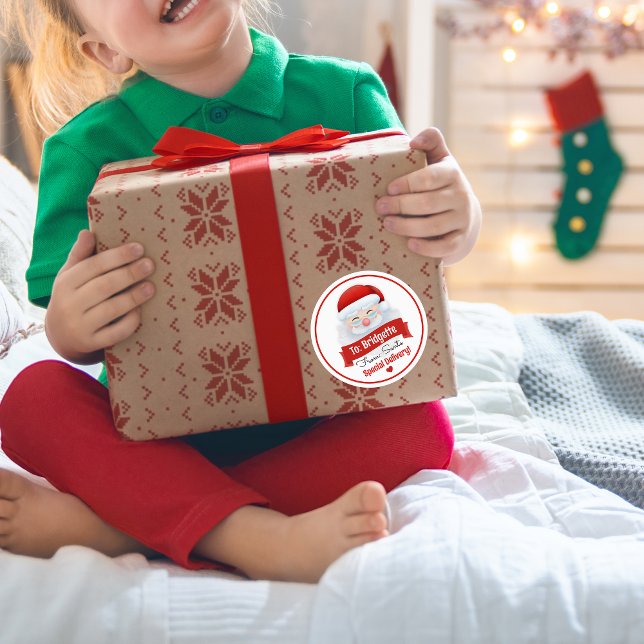 Pegatina Redonda El regalo de los Navidades de Papá Noel Rojo (personalized special delivery tags from santa kris kringle for santa's helper elves gift ideas)