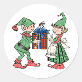 Pegatina Redonda El regalo vintage de los elfos de Navidad