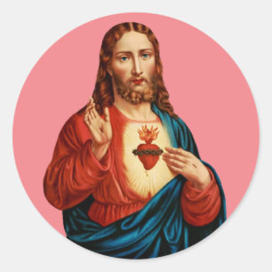 Pegatina Redonda El Sagrado Corazón De Jesús Retrato De Arte Fino