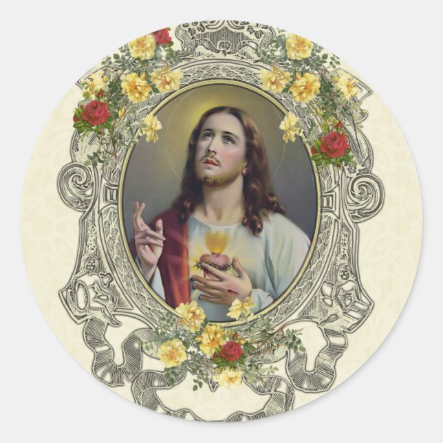 Pegatina Redonda El Sagrado Corazón Religioso Jesús Vintage Rosas (Anverso)