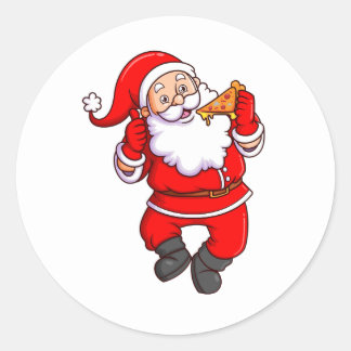 Pegatina Redonda el santa claus está comiendo una deliciosa pizza y