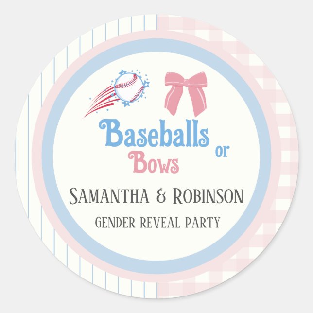 Pegatina Redonda El sexo del bebé revela Baseballs o Bows (Anverso)