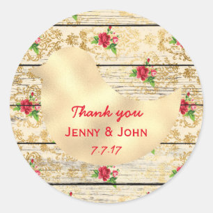 Pegatina Redonda El Shabby Chic Boda rustico Gracias Madera Floral