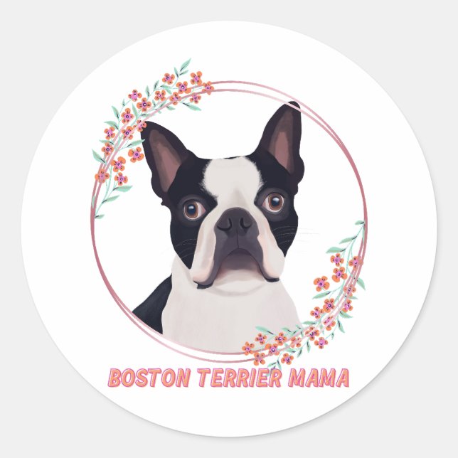 Pegatina Redonda El Terrier de Boston - Mamá Terrier de Boston (Anverso)
