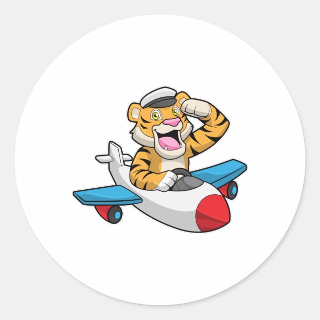 Pegatina Redonda El tigre como piloto en el avión (Anverso)