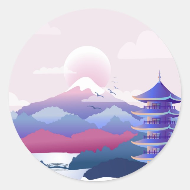 Pegatina Redonda El Tranquilo Paisaje Del Templo Al Amanecer (Anverso)