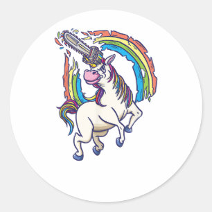 Pegatina Redonda El unicornio de Chainsaws llega a matar el diverti