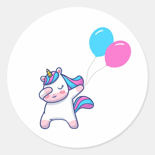 Pegatina Redonda El unicornio lindo con globos (Anverso)