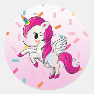 Pegatina Redonda El unicornio lindo y el caramelo asperja