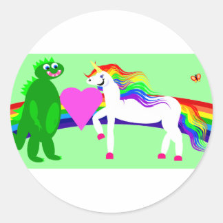 Pegatina Redonda El unicornio ve el dinosaurio