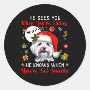 Pegatina Redonda Él ve cuando comes bocadillos navideños propios de