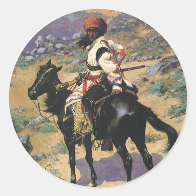 Pegatina Redonda El viejo y salvaje Oeste, un trampero indio de Rem (Anverso)