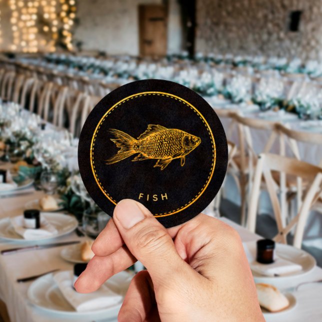 Pegatina Redonda Elección de comida de boda de pescado chic negro y (Subido por el creador)