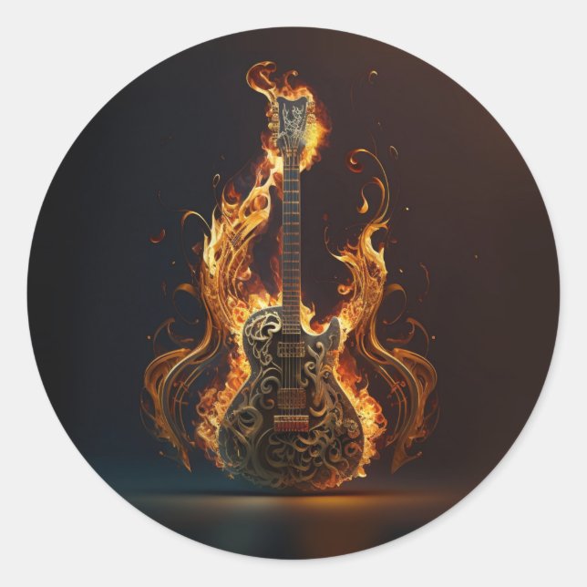 Pegatina Redonda Electric guitar on fire            (Anverso)