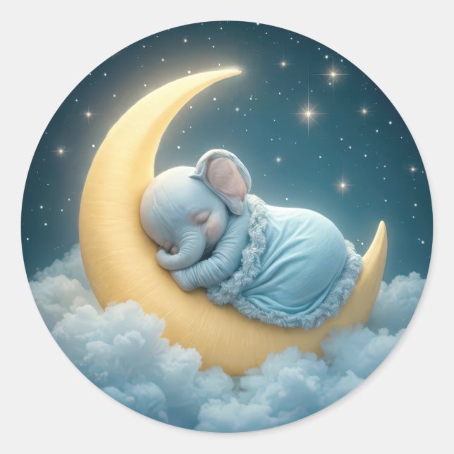Pegatina Redonda Elefante azul bebé durmiendo en la luna (Anverso)