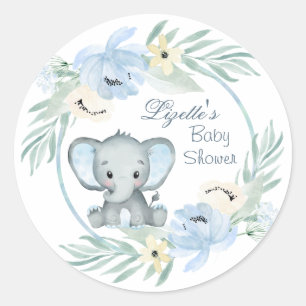Pegatina Redonda Elefante azul floral Baby Shower