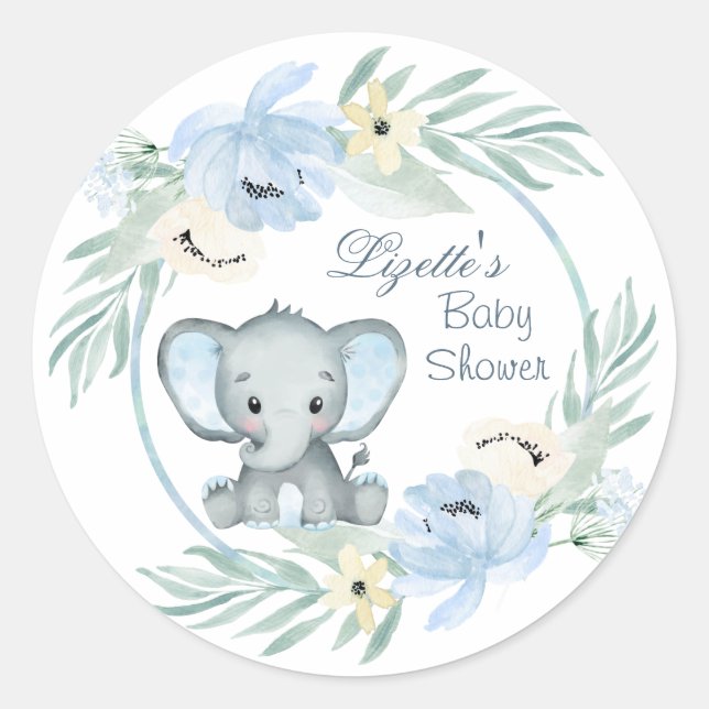 Pegatina Redonda Elefante azul floral Baby Shower (Anverso)