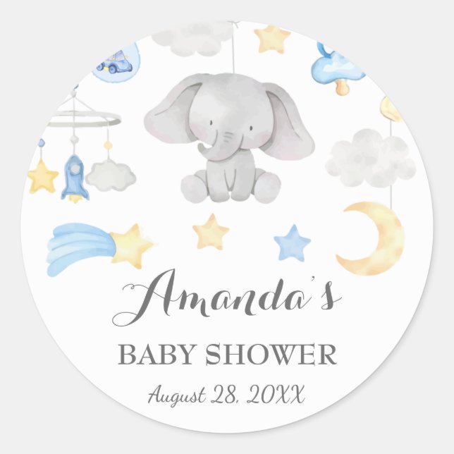 Pegatina Redonda Elefante Azul Niño Bebé Cosas Juguetes Baby Shower (Anverso)