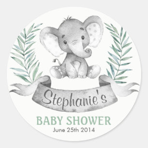 Pegatina Redonda Elefante Baby Shower de la acuarela