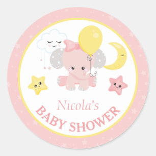 Pegatina Redonda Elefante bebé niña con estrellas Baby Shower